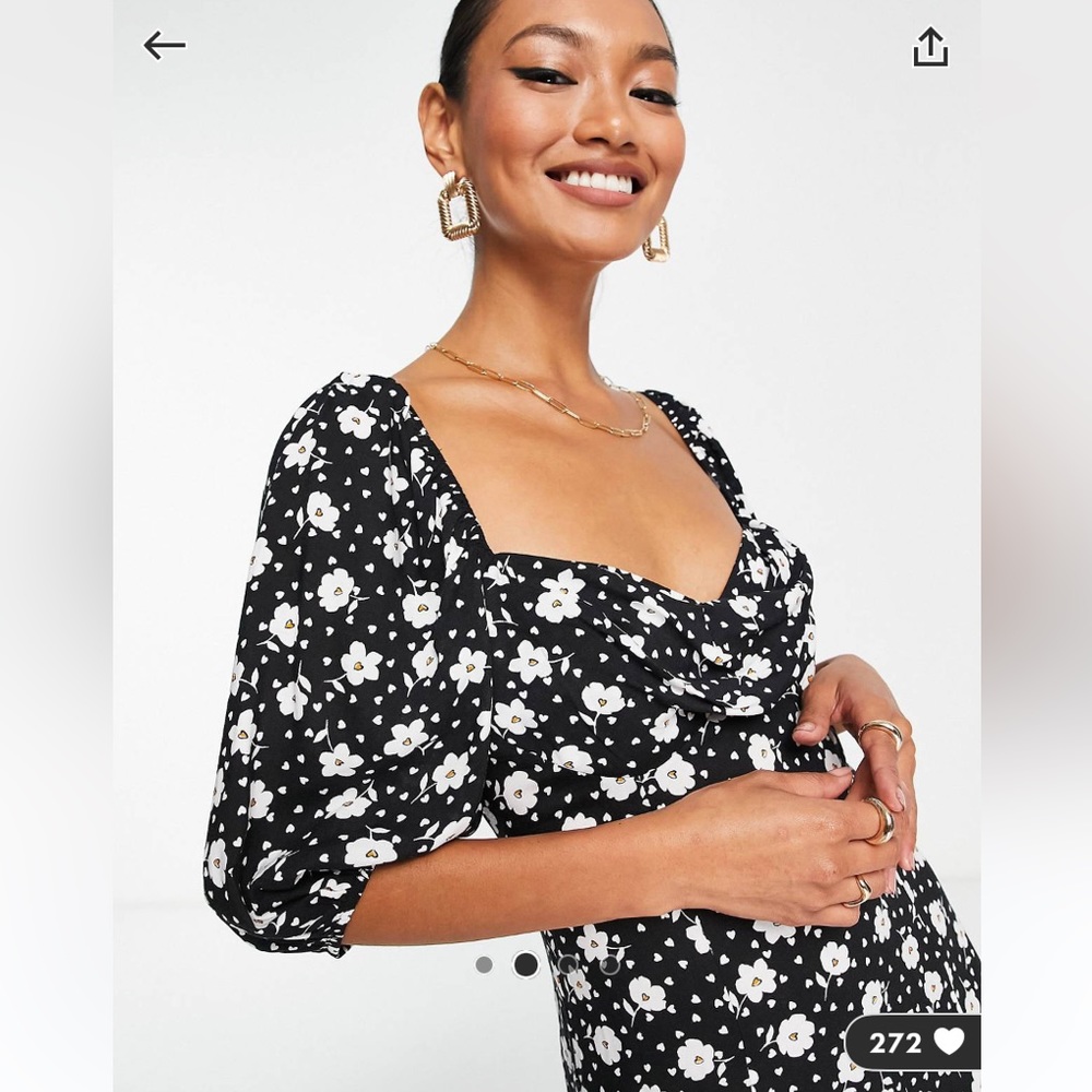 NWT ASOS floral puff sleeve runched bust midi split dress - Picture 3 of 4